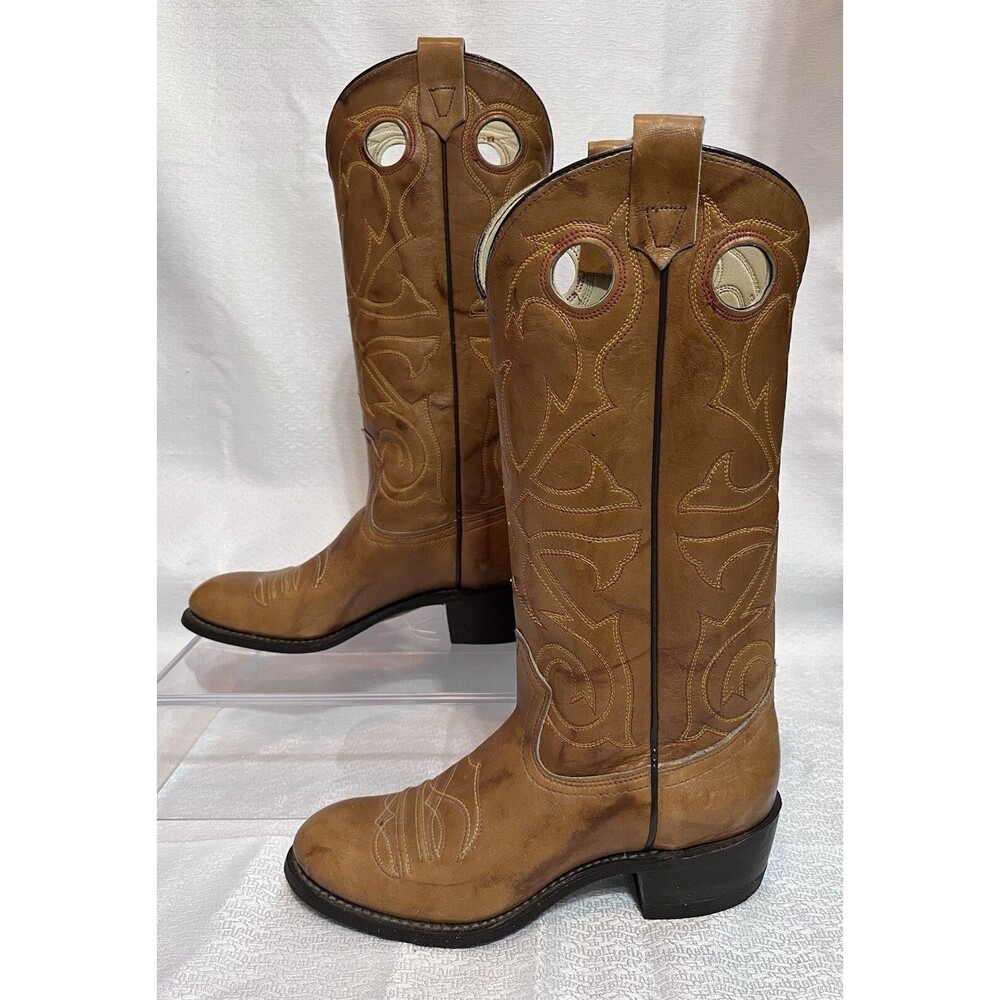 Texas USA Leather Western Pointed Toe Pull On Cowboy Boots Mens 7.5 Tan Country